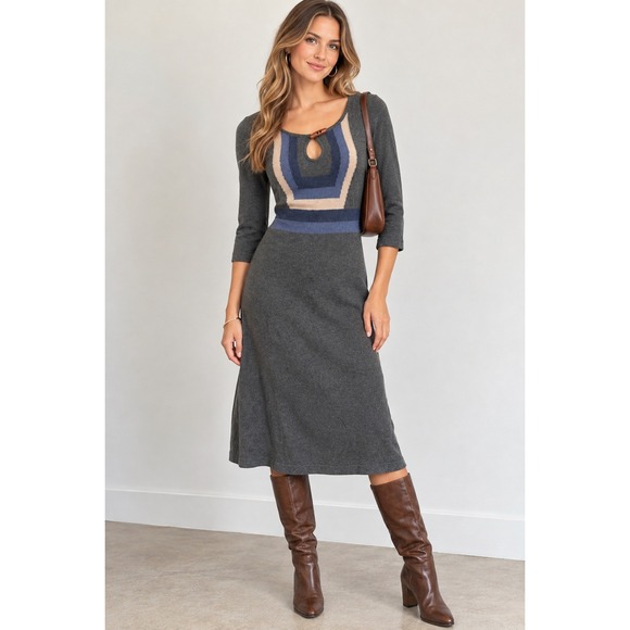 Prana Dresses & Skirts - prAna Sweater Dress Women S Boho Mountain Chic Grey Blue Geometric Toggle Knit